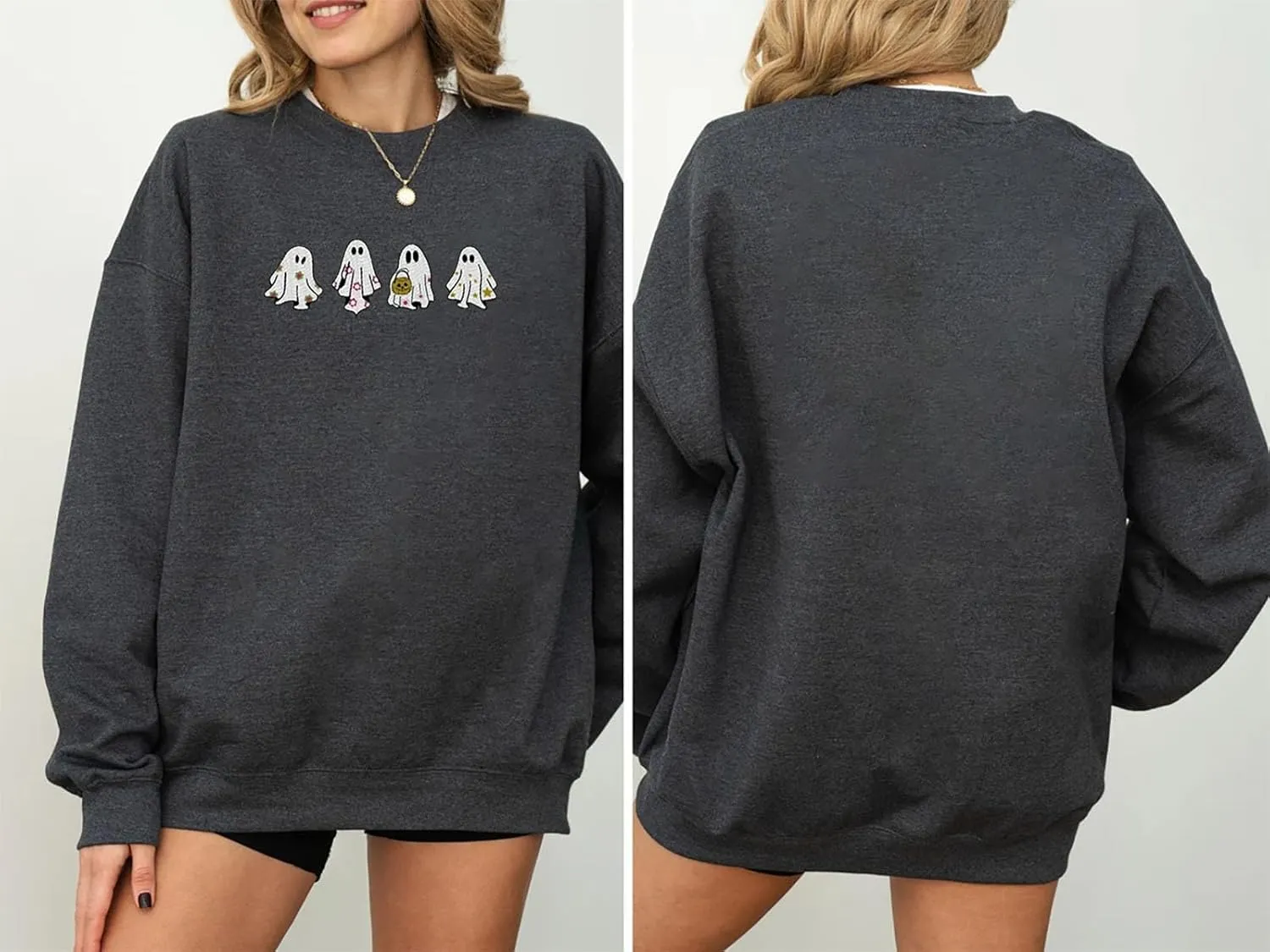 FISCRAT Halloween Spooky Season Oversized Sweatshirt Women Cute Ghost Sweatshirts Fall Embroidered Sweater Pullover Top