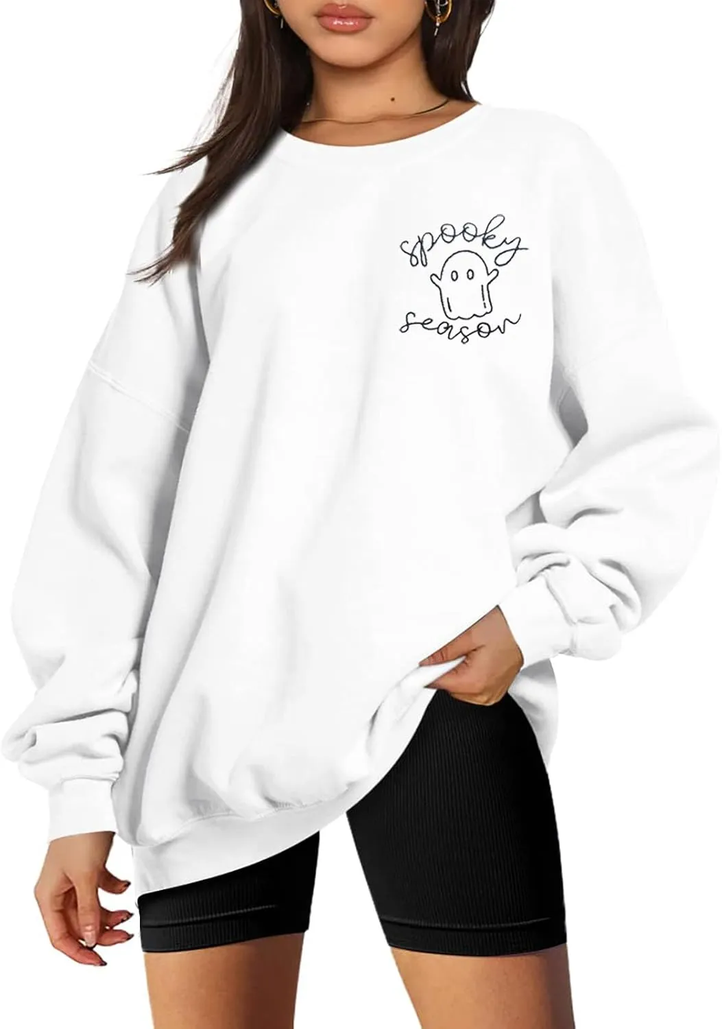 FISCRAT Halloween Spooky Season Oversized Sweatshirt Women Cute Ghost Sweatshirts Fall Embroidered Sweater Pullover Top