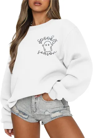 FISCRAT Halloween Spooky Season Oversized Sweatshirt Women Cute Ghost Sweatshirts Fall Embroidered Sweater Pullover Top