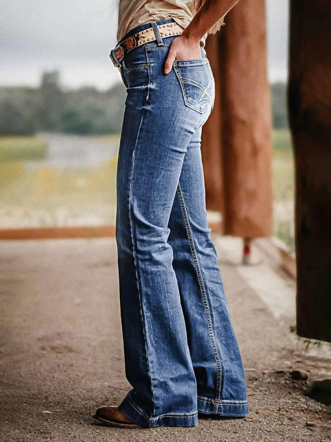 Flamingals Mid Waist Boot Cut Jeans for Women Straight Leg Jeans Cowgirl Trendy Jeans Denim Pants