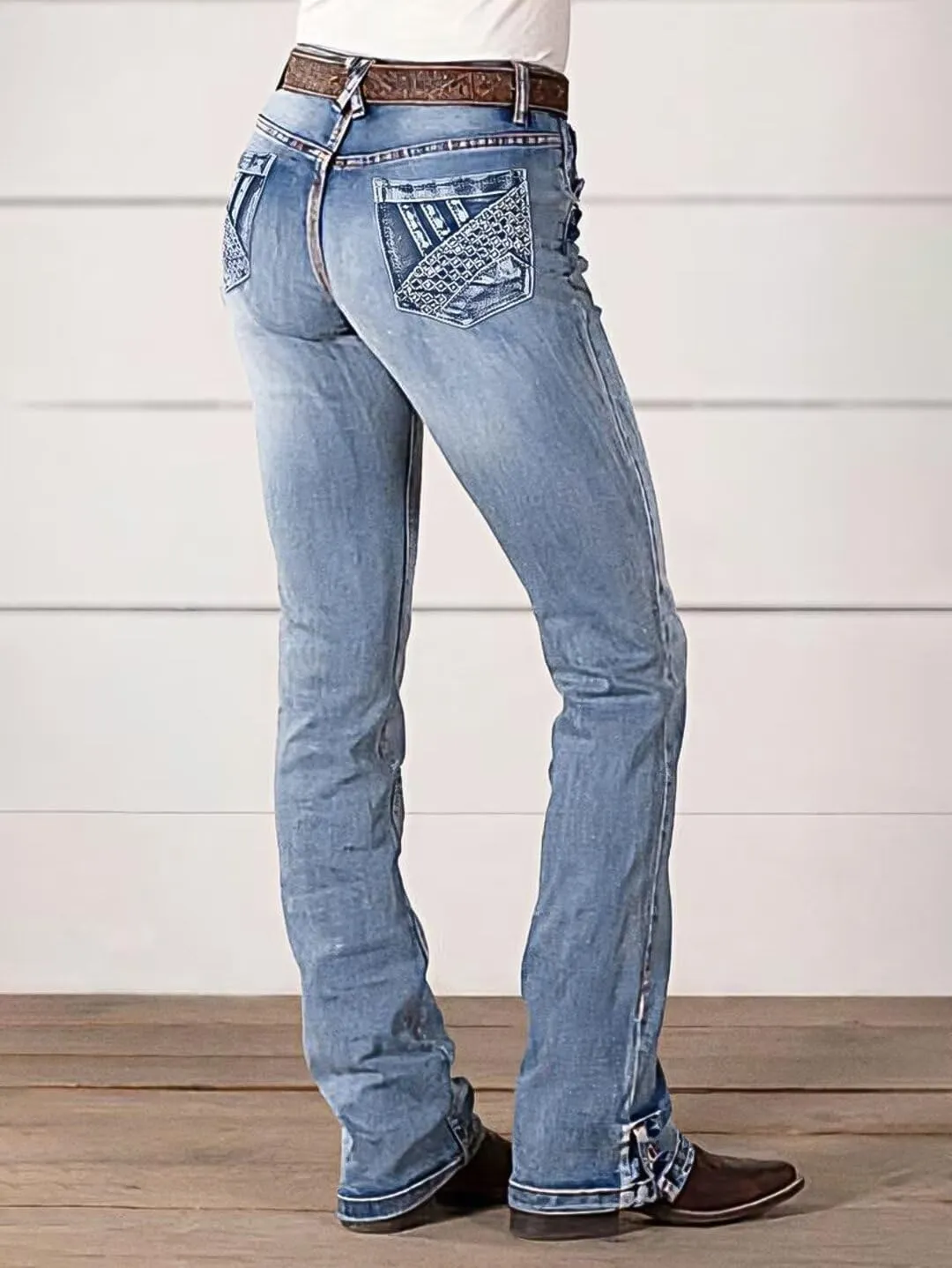 Flamingals Mid Waist Boot Cut Jeans for Women Straight Leg Jeans Cowgirl Trendy Jeans Denim Pants