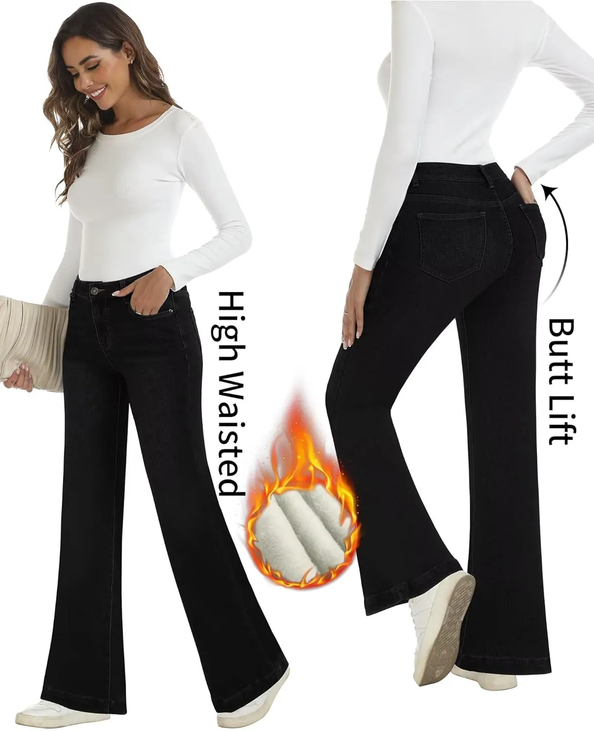 Fleece Lined Jeans Women High Waisted Stretchy Winter Jeans Warm Thermal Pants Thick Bell Bottom Wide Leg Jeans Woman