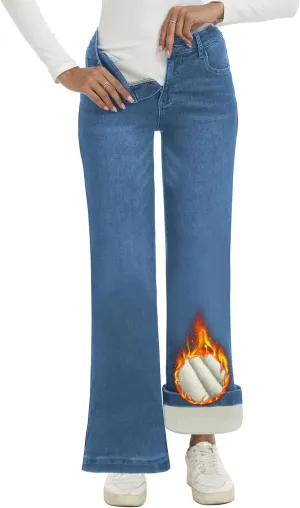 Fleece Lined Jeans Women High Waisted Stretchy Winter Jeans Warm Thermal Pants Thick Bell Bottom Wide Leg Jeans Woman