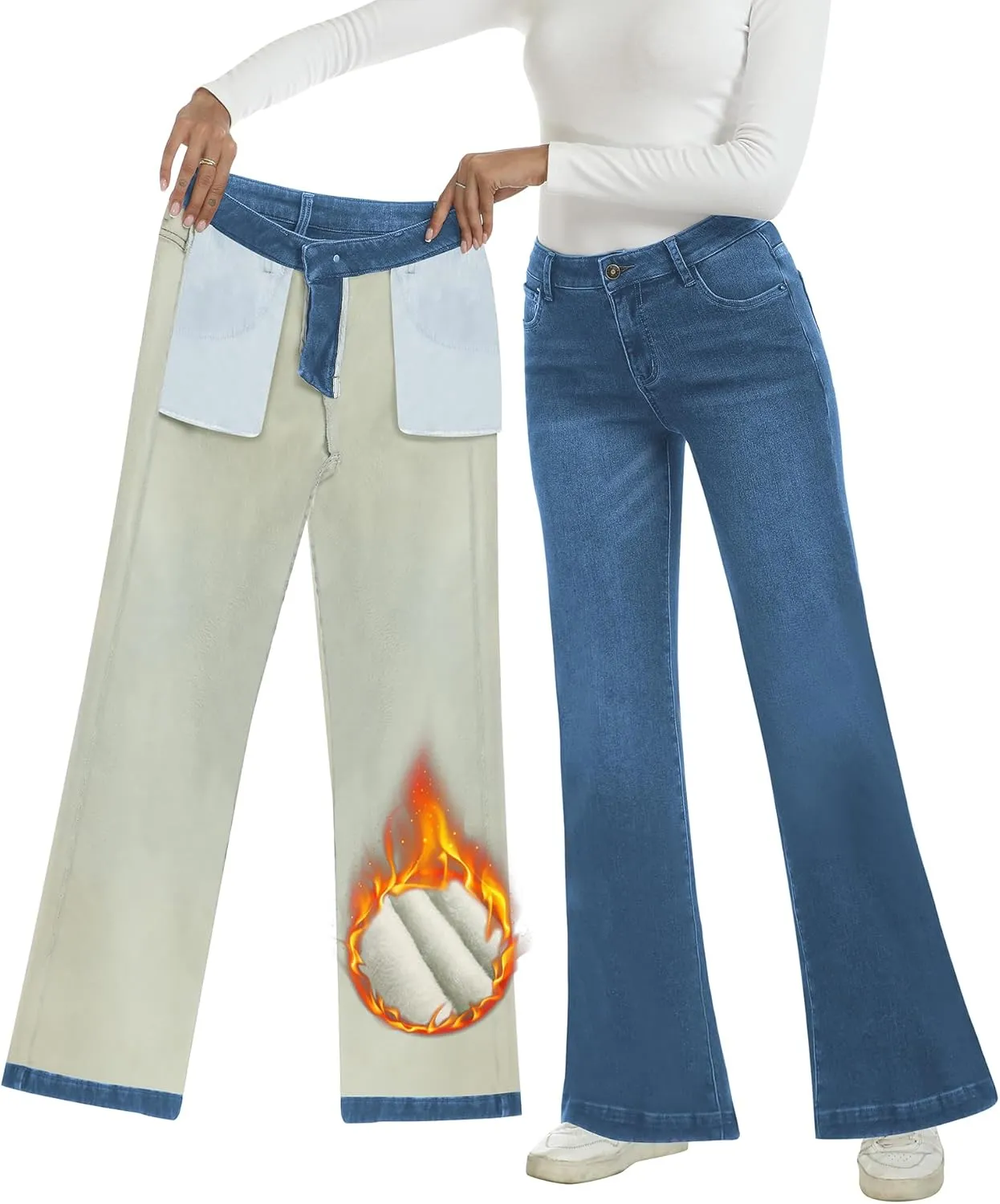 Fleece Lined Jeans Women High Waisted Stretchy Winter Jeans Warm Thermal Pants Thick Bell Bottom Wide Leg Jeans Woman
