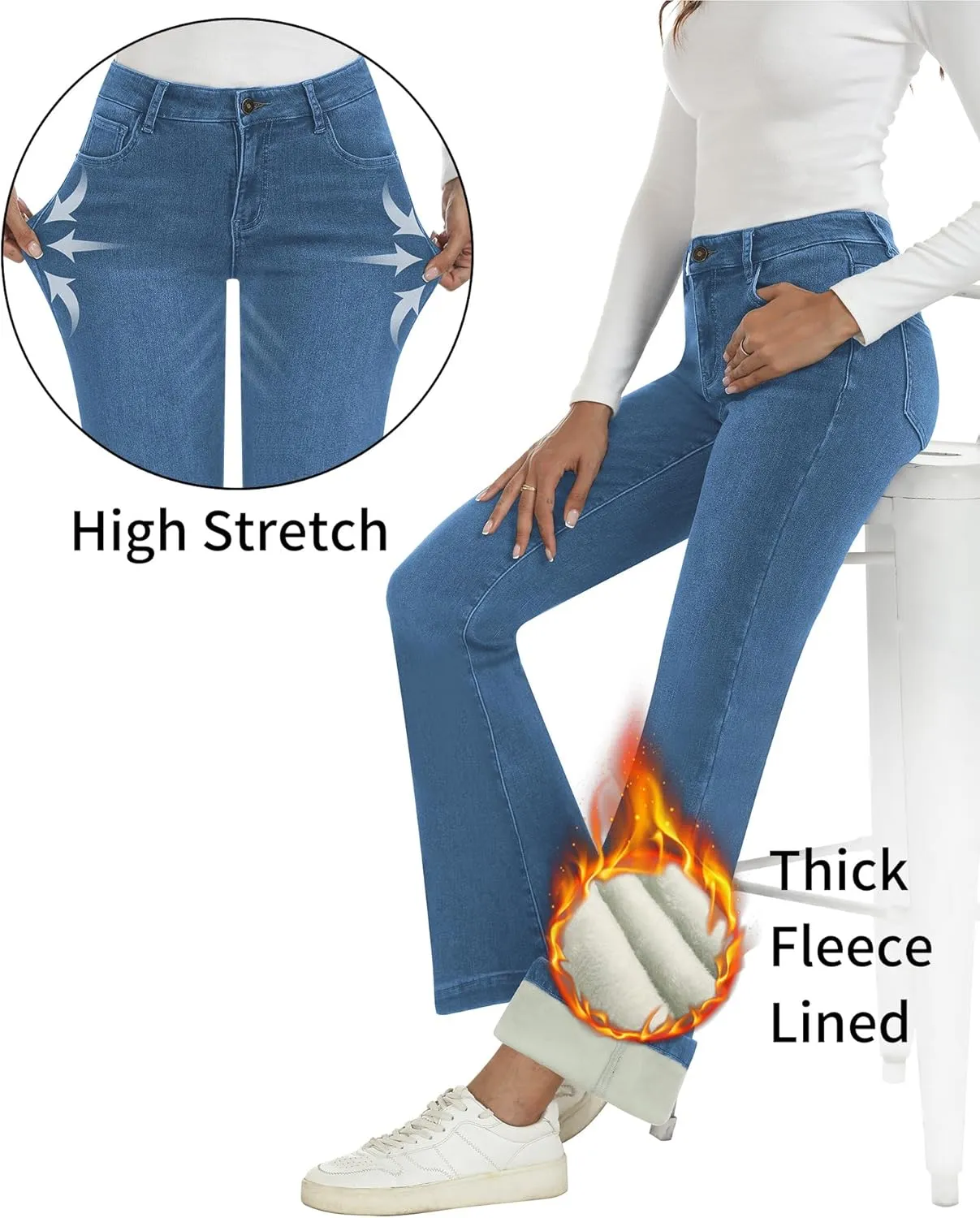 Fleece Lined Jeans Women High Waisted Stretchy Winter Jeans Warm Thermal Pants Thick Bell Bottom Wide Leg Jeans Woman