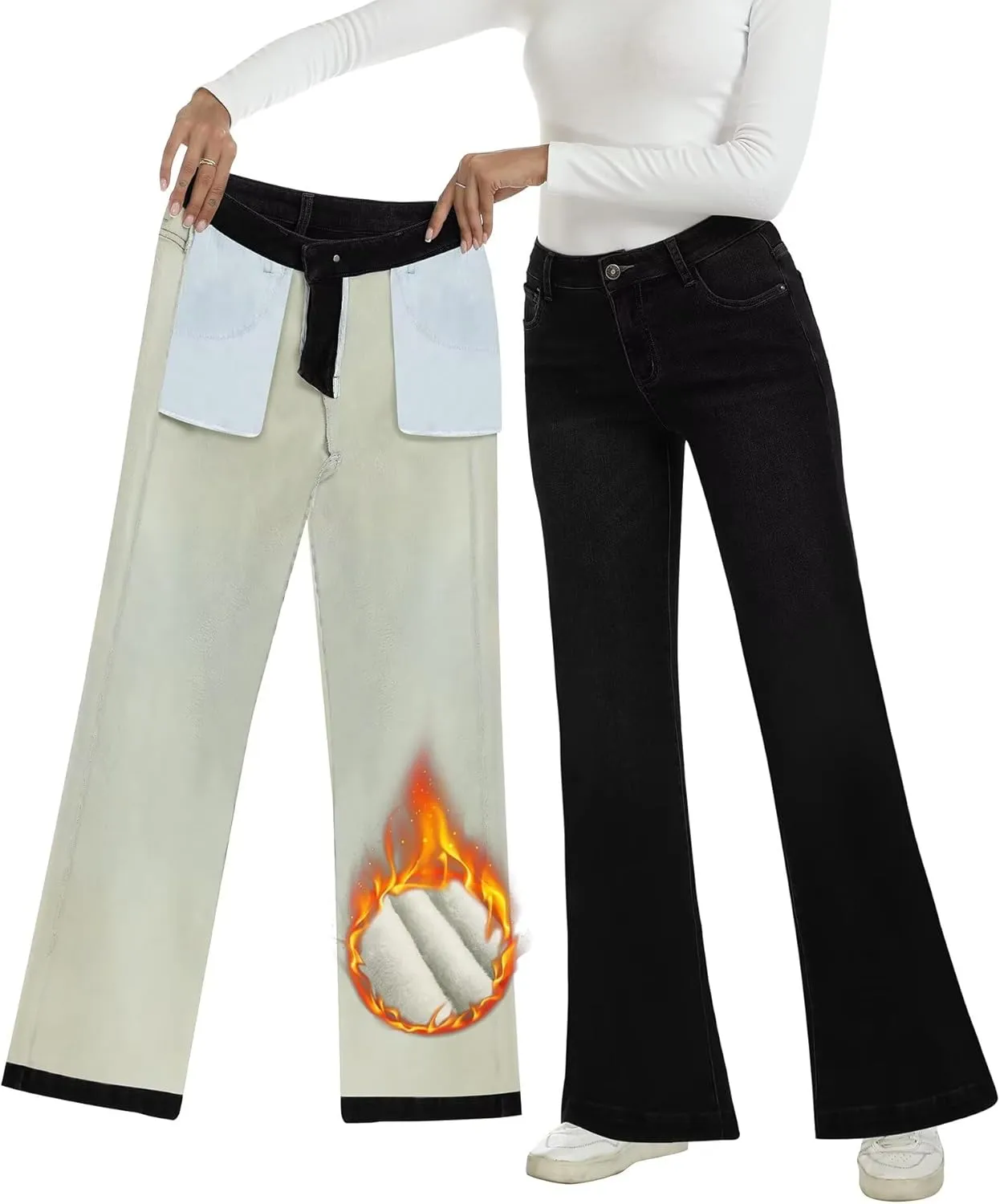 Fleece Lined Jeans Women High Waisted Stretchy Winter Jeans Warm Thermal Pants Thick Bell Bottom Wide Leg Jeans Woman