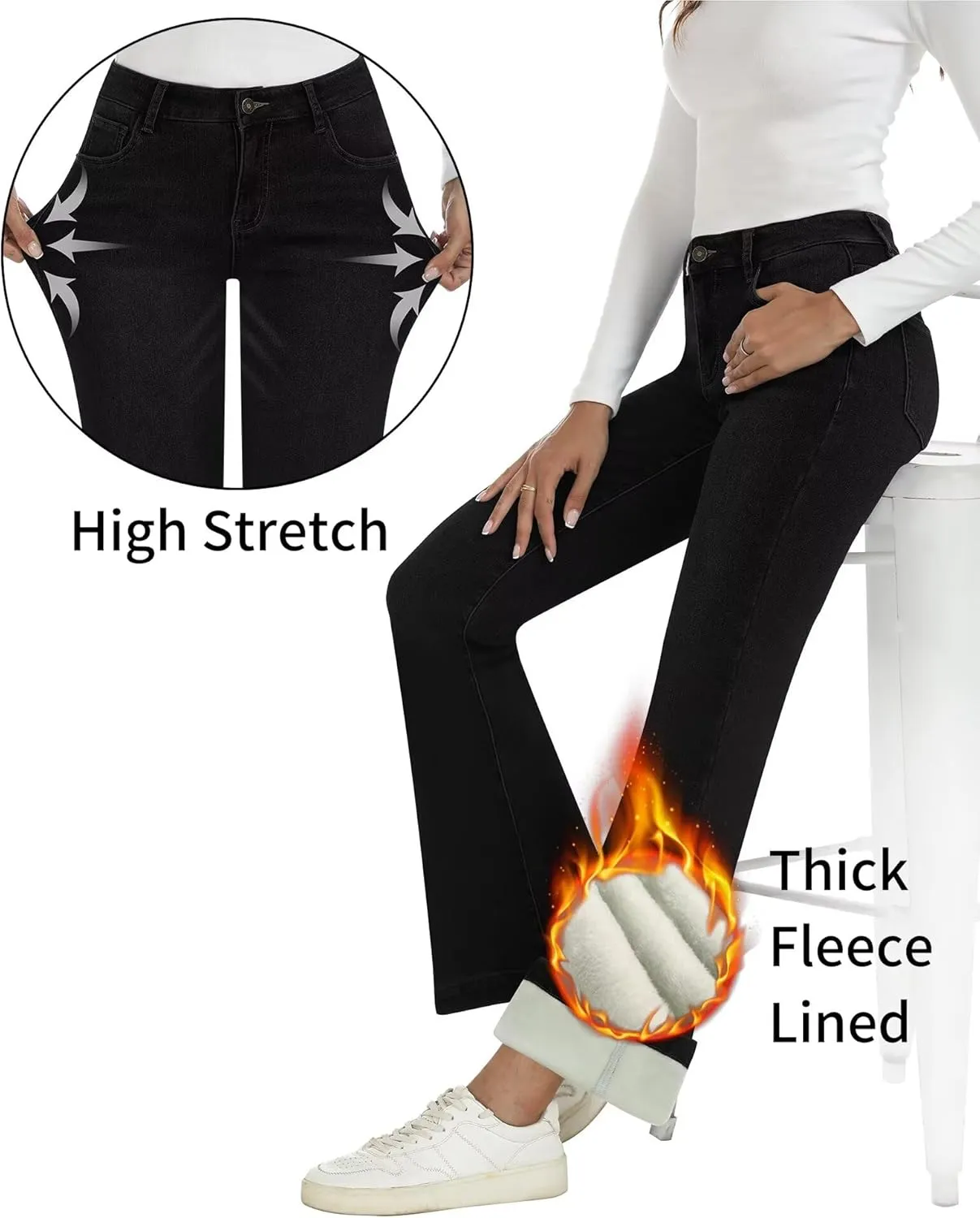 Fleece Lined Jeans Women High Waisted Stretchy Winter Jeans Warm Thermal Pants Thick Bell Bottom Wide Leg Jeans Woman