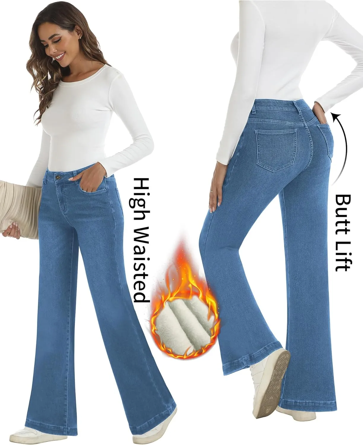 Fleece Lined Jeans Women High Waisted Stretchy Winter Jeans Warm Thermal Pants Thick Bell Bottom Wide Leg Jeans Woman