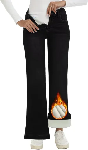 Fleece Lined Jeans Women High Waisted Stretchy Winter Jeans Warm Thermal Pants Thick Bell Bottom Wide Leg Jeans Woman