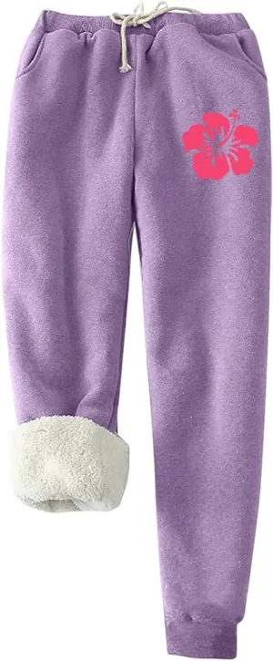 Fleece Lined Leggings Women Pink Graphic Winter Warm Sherpa Lined Sweatpants Thermal Leggings Joggers with Pockets