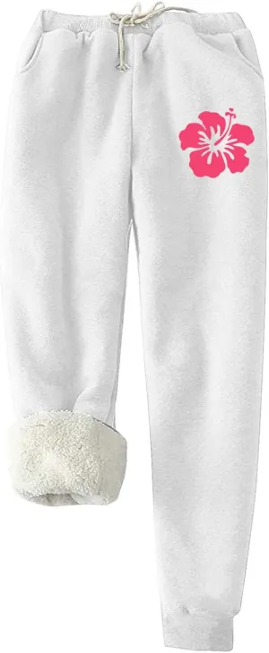 Fleece Lined Leggings Women Pink Graphic Winter Warm Sherpa Lined Sweatpants Thermal Leggings Joggers with Pockets
