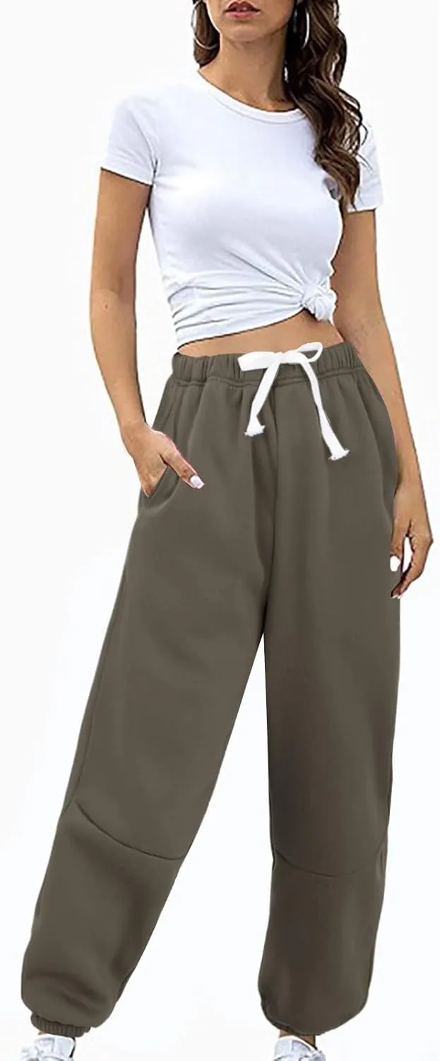 Fleece Lined Sweatpants Sherpa Cargo Pants Thermal High Waisted Joggers Cinch Bottom Drawstring Trousers with Pockets