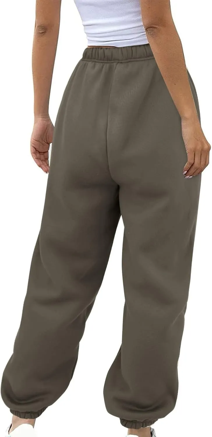 Fleece Lined Sweatpants Sherpa Cargo Pants Thermal High Waisted Joggers Cinch Bottom Drawstring Trousers with Pockets