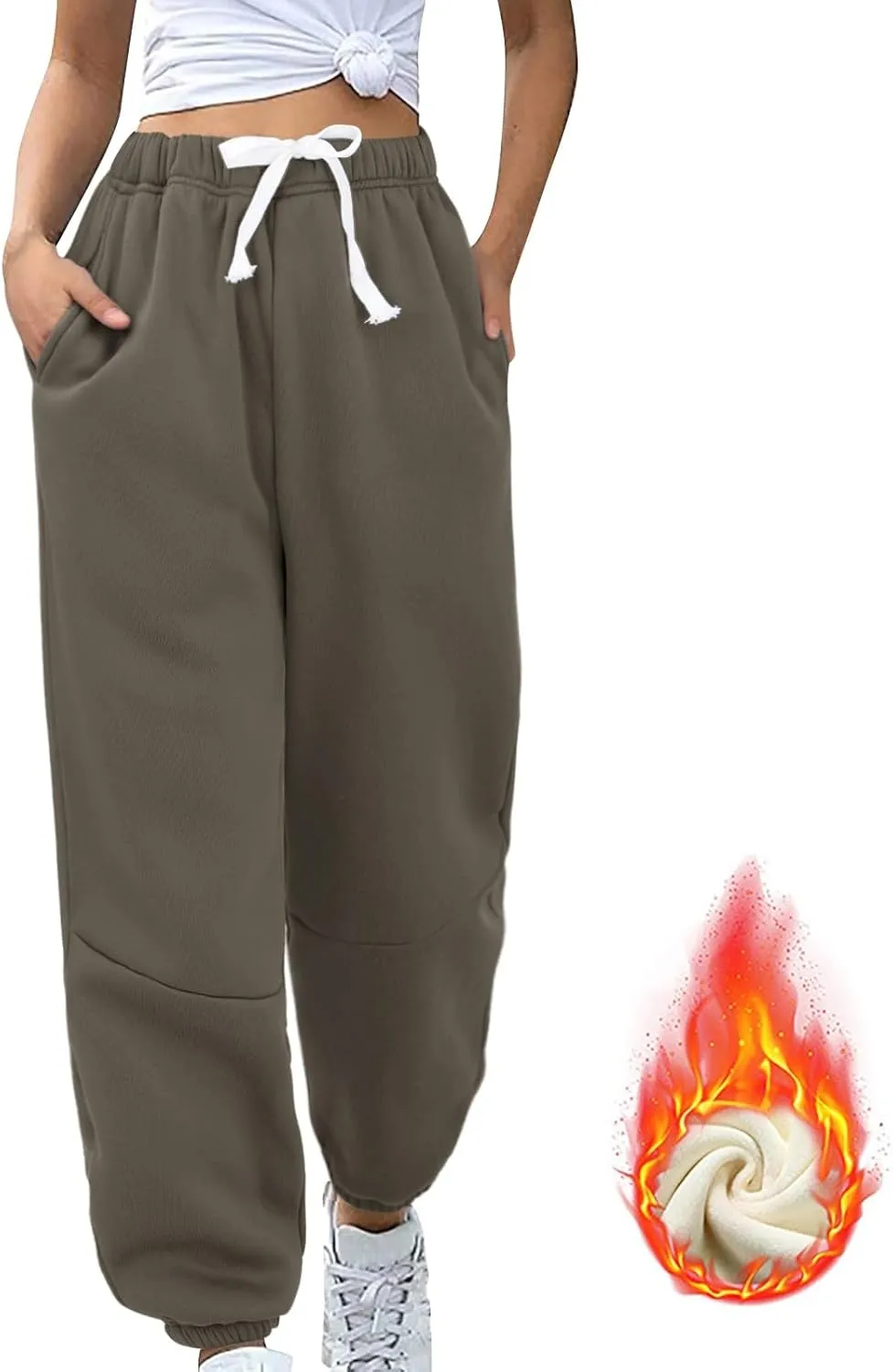 Fleece Lined Sweatpants Sherpa Cargo Pants Thermal High Waisted Joggers Cinch Bottom Drawstring Trousers with Pockets
