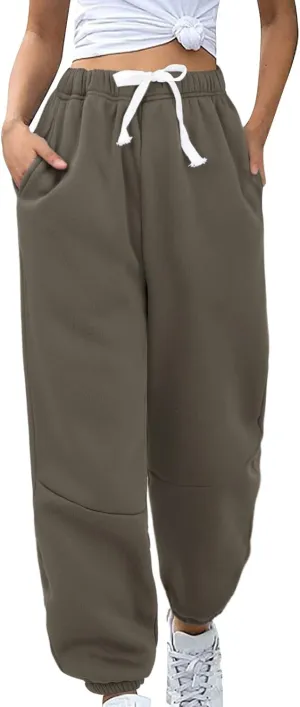 Fleece Lined Sweatpants Sherpa Cargo Pants Thermal High Waisted Joggers Cinch Bottom Drawstring Trousers with Pockets
