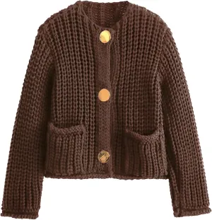 Flygo Cropped Cardigan Sweaters for Women Long Sleeve Cable Knit Cardigan Open Front Chunky Cardigan Sweaters with Pockets