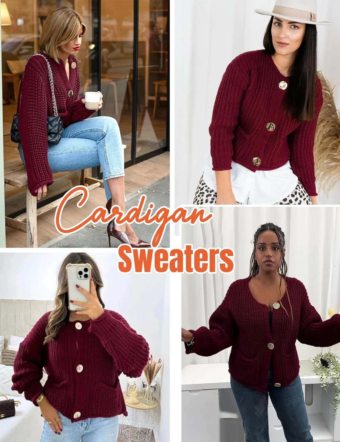 Flygo Cropped Cardigan Sweaters for Women Long Sleeve Cable Knit Cardigan Open Front Chunky Cardigan Sweaters with Pockets