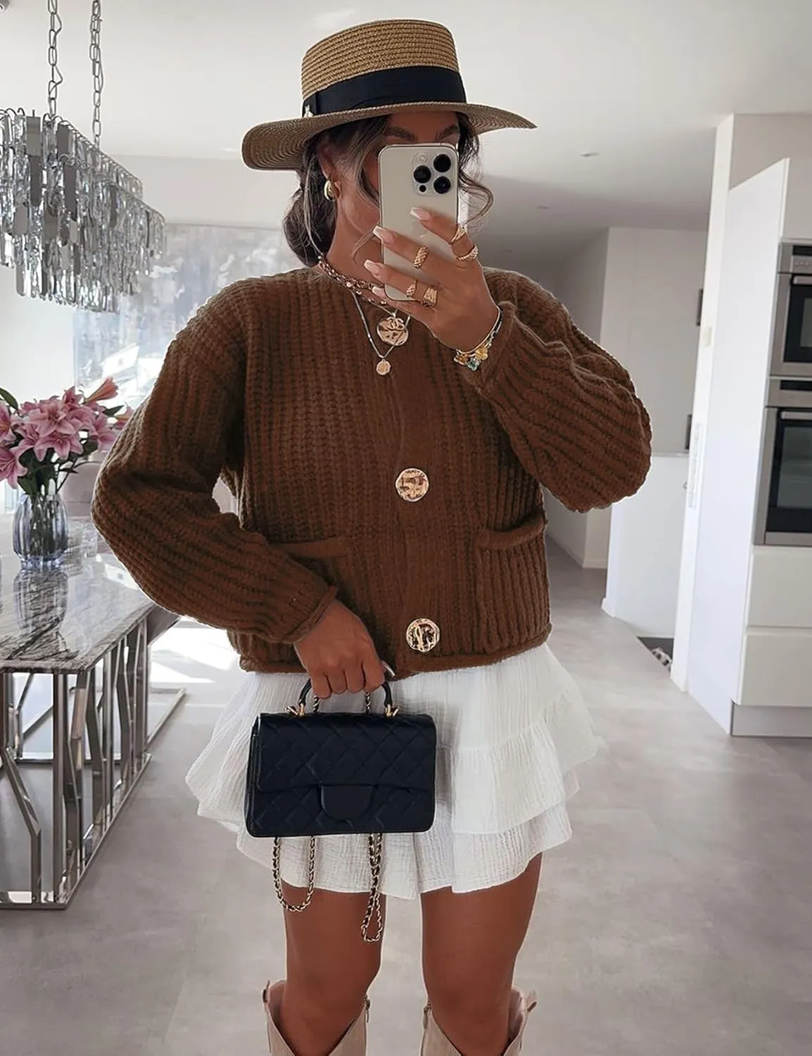 Flygo Cropped Cardigan Sweaters for Women Long Sleeve Cable Knit Cardigan Open Front Chunky Cardigan Sweaters with Pockets