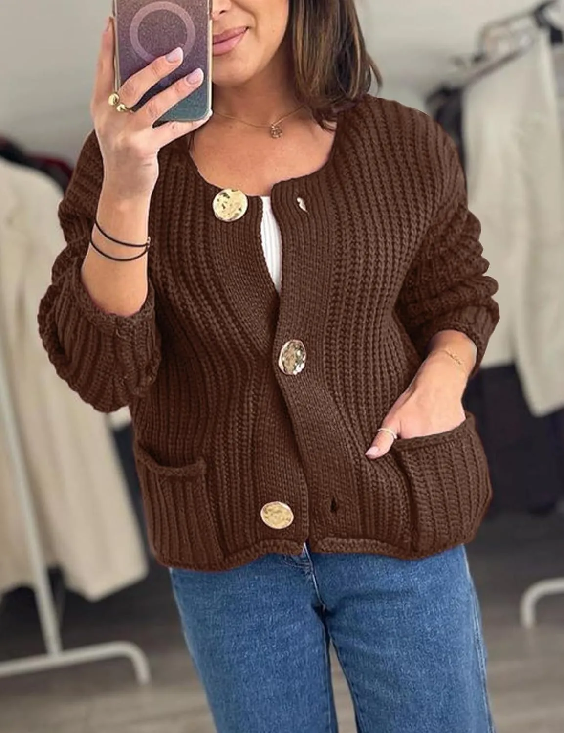 Flygo Cropped Cardigan Sweaters for Women Long Sleeve Cable Knit Cardigan Open Front Chunky Cardigan Sweaters with Pockets