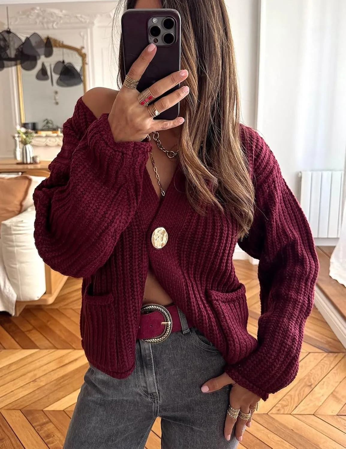 Flygo Cropped Cardigan Sweaters for Women Long Sleeve Cable Knit Cardigan Open Front Chunky Cardigan Sweaters with Pockets