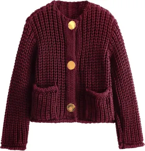 Flygo Cropped Cardigan Sweaters for Women Long Sleeve Cable Knit Cardigan Open Front Chunky Cardigan Sweaters with Pockets