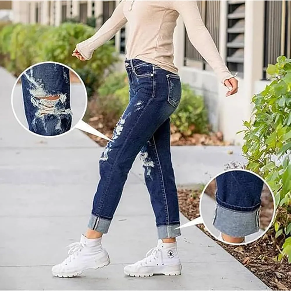 GDSAFS Mypeachd Jeans, Mypeachd Pants, Tummy Control Distressed Cuffed Boyfriend Jeans, Women Stretch