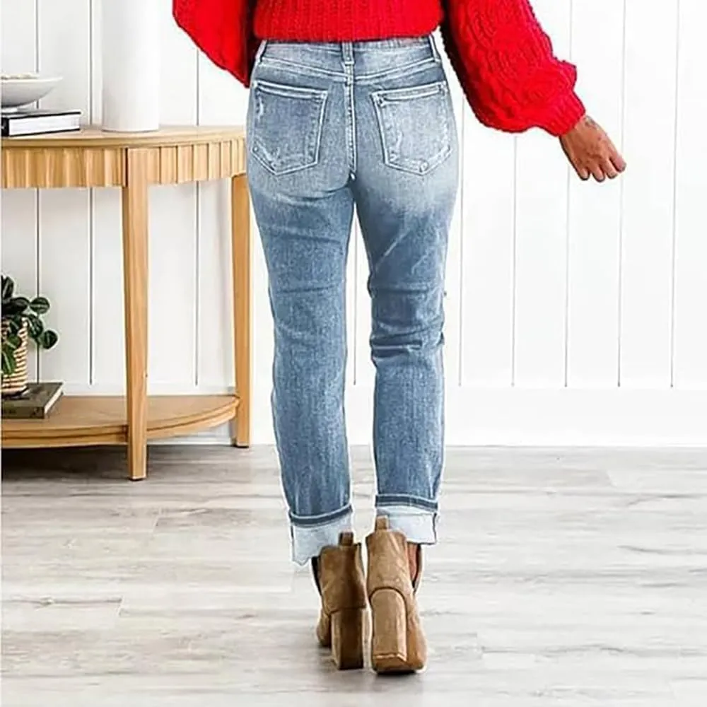 GDSAFS Mypeachd Jeans, Mypeachd Pants, Tummy Control Distressed Cuffed Boyfriend Jeans, Women Stretch