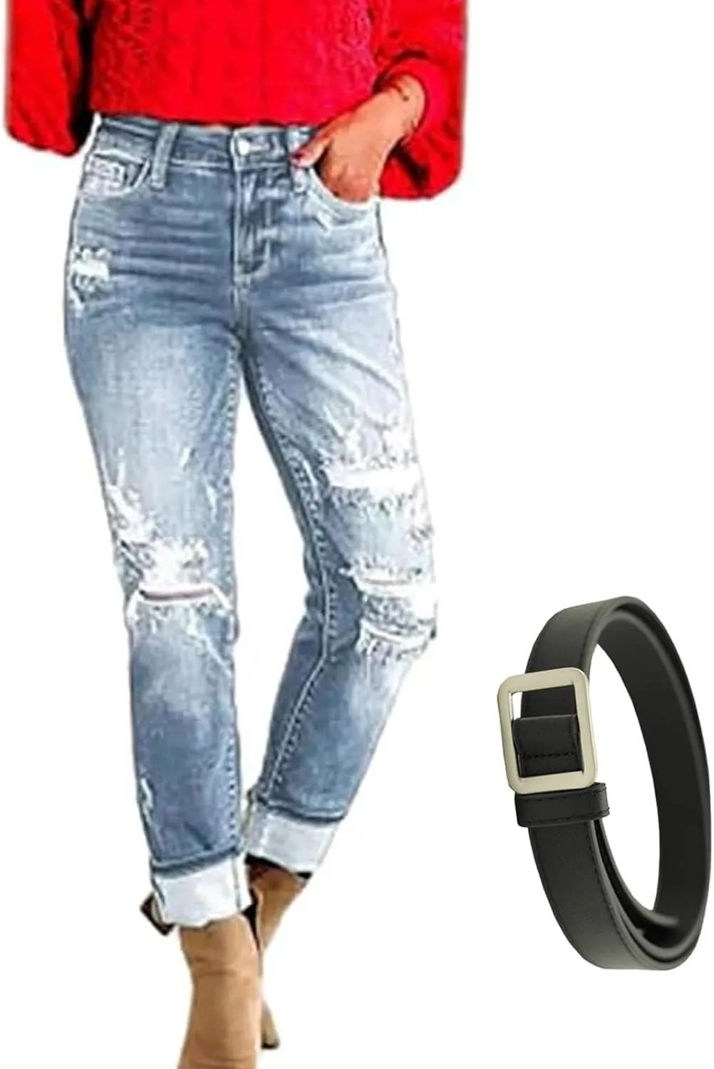 GDSAFS Mypeachd Jeans, Mypeachd Pants, Tummy Control Distressed Cuffed Boyfriend Jeans, Women Stretch