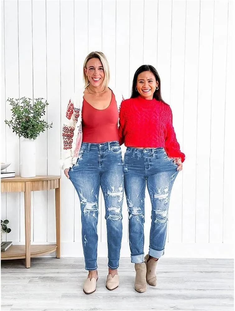 GDSAFS Mypeachd Jeans, Mypeachd Pants, Tummy Control Distressed Cuffed Boyfriend Jeans, Women Stretch