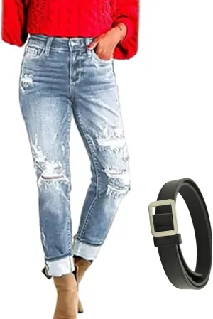 GDSAFS Mypeachd Jeans, Mypeachd Pants, Tummy Control Distressed Cuffed Boyfriend Jeans, Women Stretch