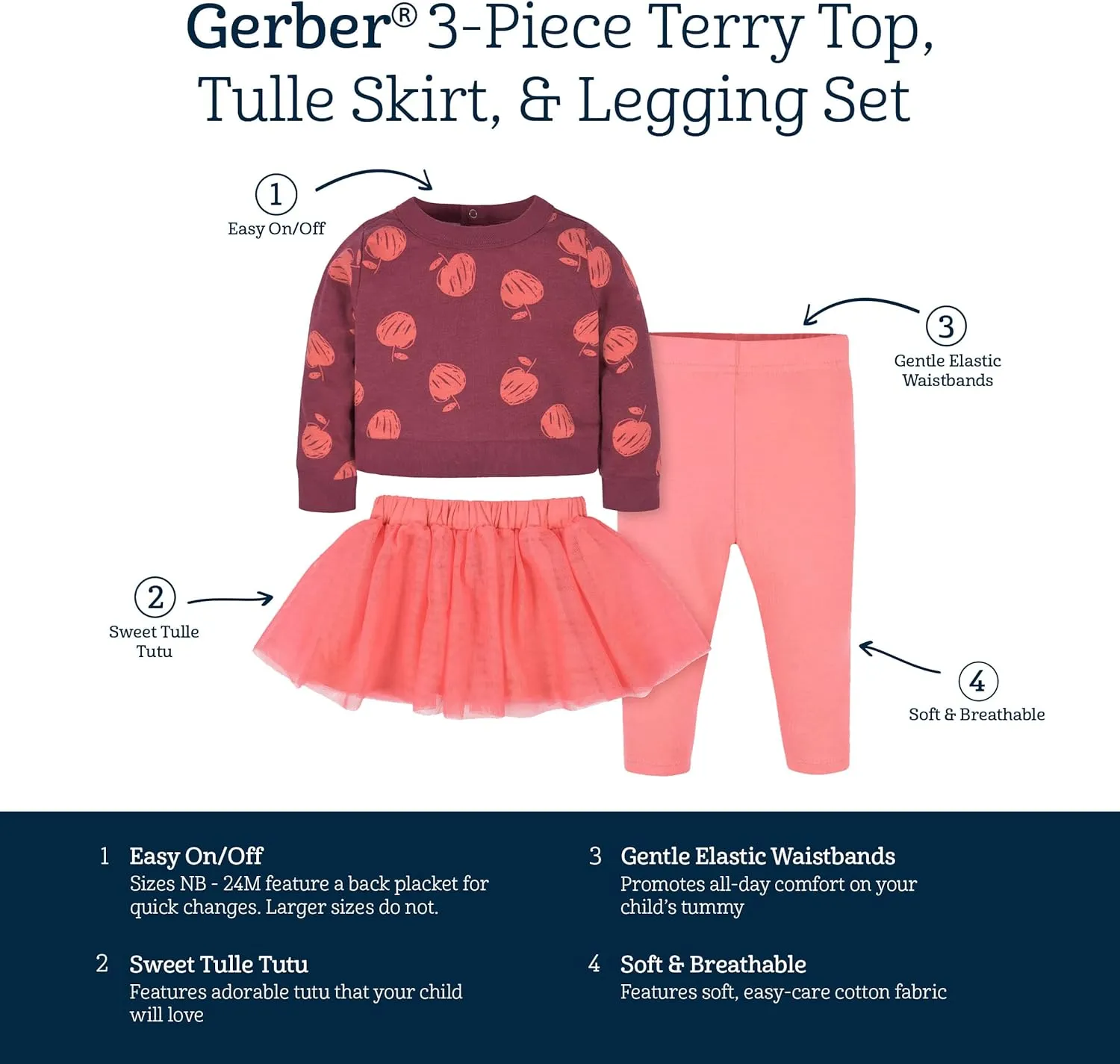 Gerber Baby Girls' Toddler 3-Piece French Terry Top, Tulle Tutu, & Legging Set