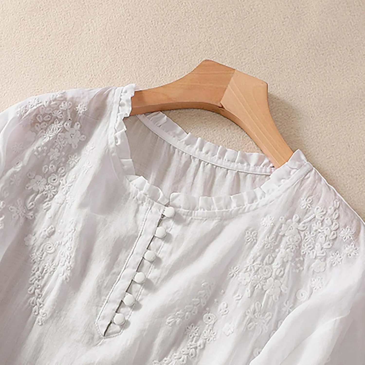 GIERIDUC Women's Cotton Linen Button Short Sleeve Shirts Flowy Summer Loose V Neck Casual Boho Embroidered Tunic Tops Blouse