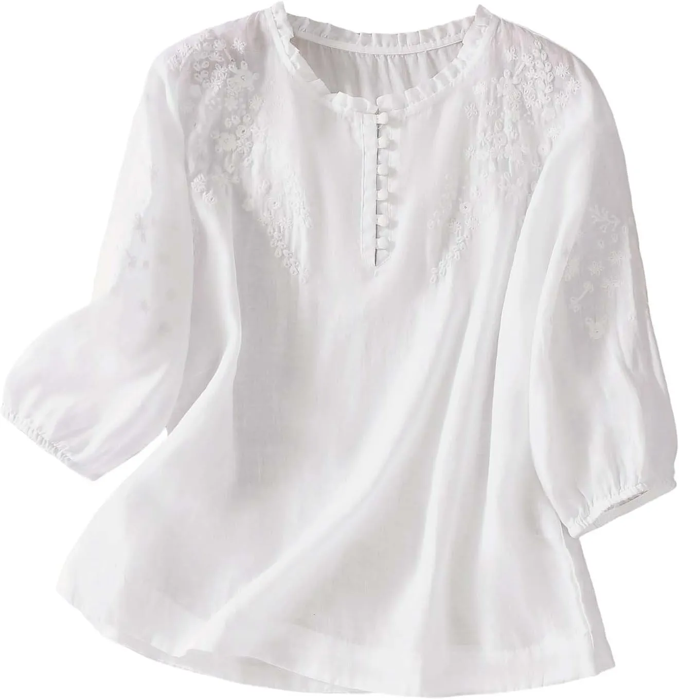 GIERIDUC Women's Cotton Linen Button Short Sleeve Shirts Flowy Summer Loose V Neck Casual Boho Embroidered Tunic Tops Blouse