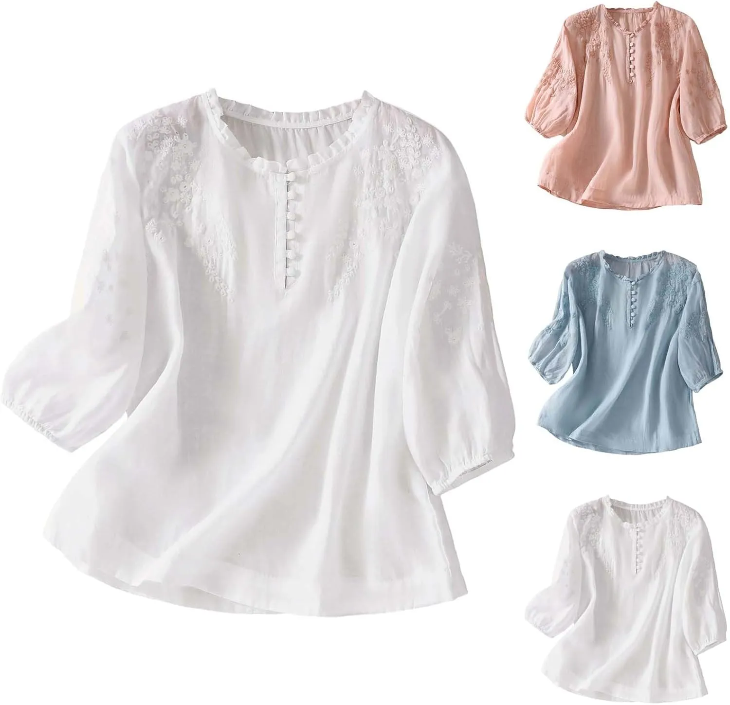 GIERIDUC Women's Cotton Linen Button Short Sleeve Shirts Flowy Summer Loose V Neck Casual Boho Embroidered Tunic Tops Blouse