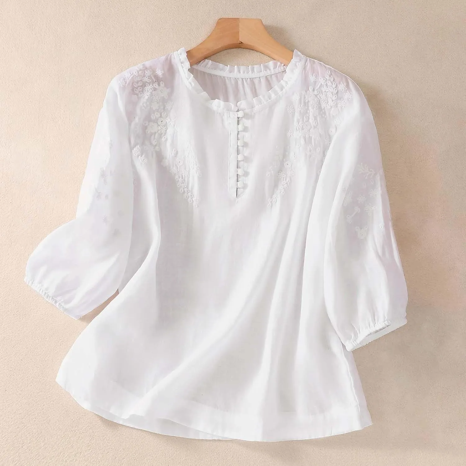 GIERIDUC Women's Cotton Linen Button Short Sleeve Shirts Flowy Summer Loose V Neck Casual Boho Embroidered Tunic Tops Blouse