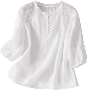 GIERIDUC Women's Cotton Linen Button Short Sleeve Shirts Flowy Summer Loose V Neck Casual Boho Embroidered Tunic Tops Blouse