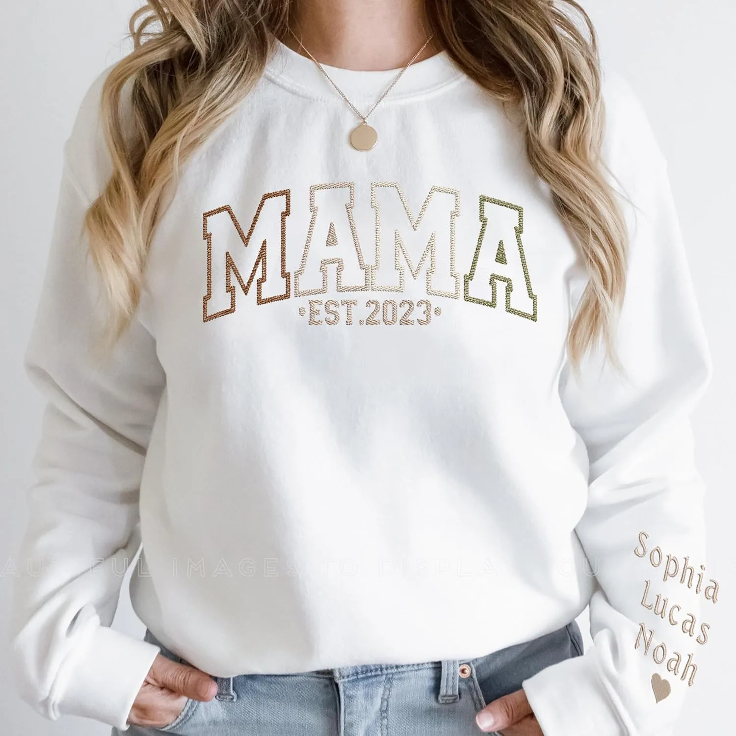 Godmerch Personalized Embroidered Mama Sweatshirts For Women, Gift For Mom, Gift For Mom, Mama Text on Sleeve Christmas