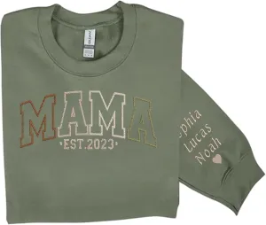 Godmerch Personalized Embroidered Mama Sweatshirts For Women, Gift For Mom, Gift For Mom, Mama Text on Sleeve Christmas
