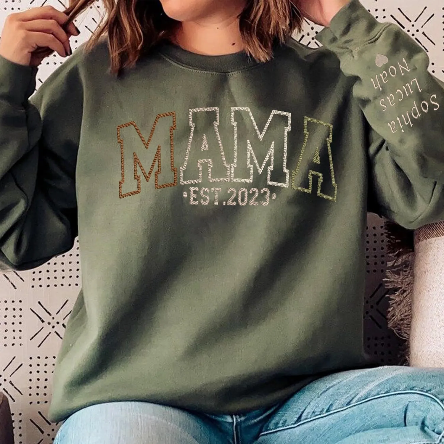 Godmerch Personalized Embroidered Mama Sweatshirts For Women, Gift For Mom, Gift For Mom, Mama Text on Sleeve Christmas