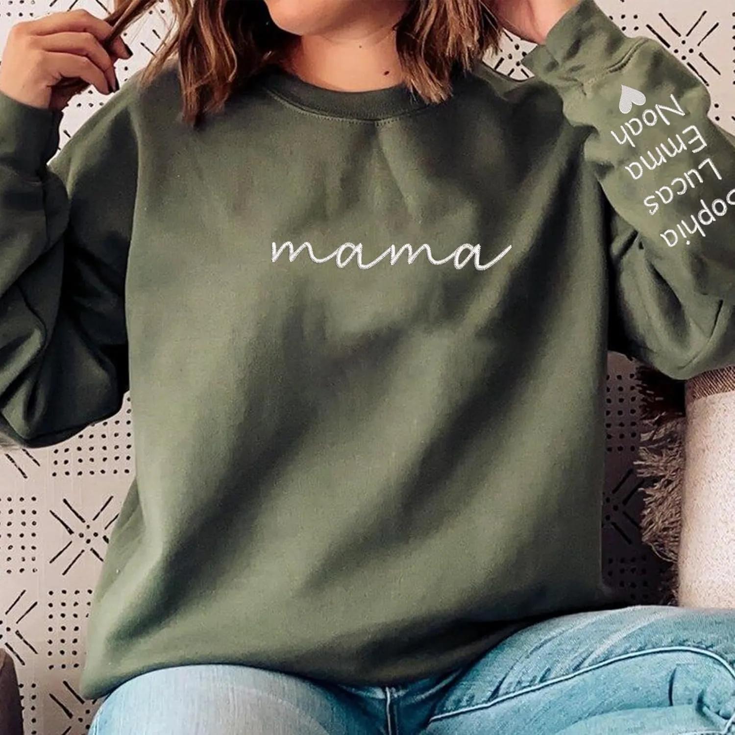 Godmerch Personalized Embroidered Mama Sweatshirts For Women, Gift For Mom, Gift For Mom, Mama Text on Sleeve Christmas