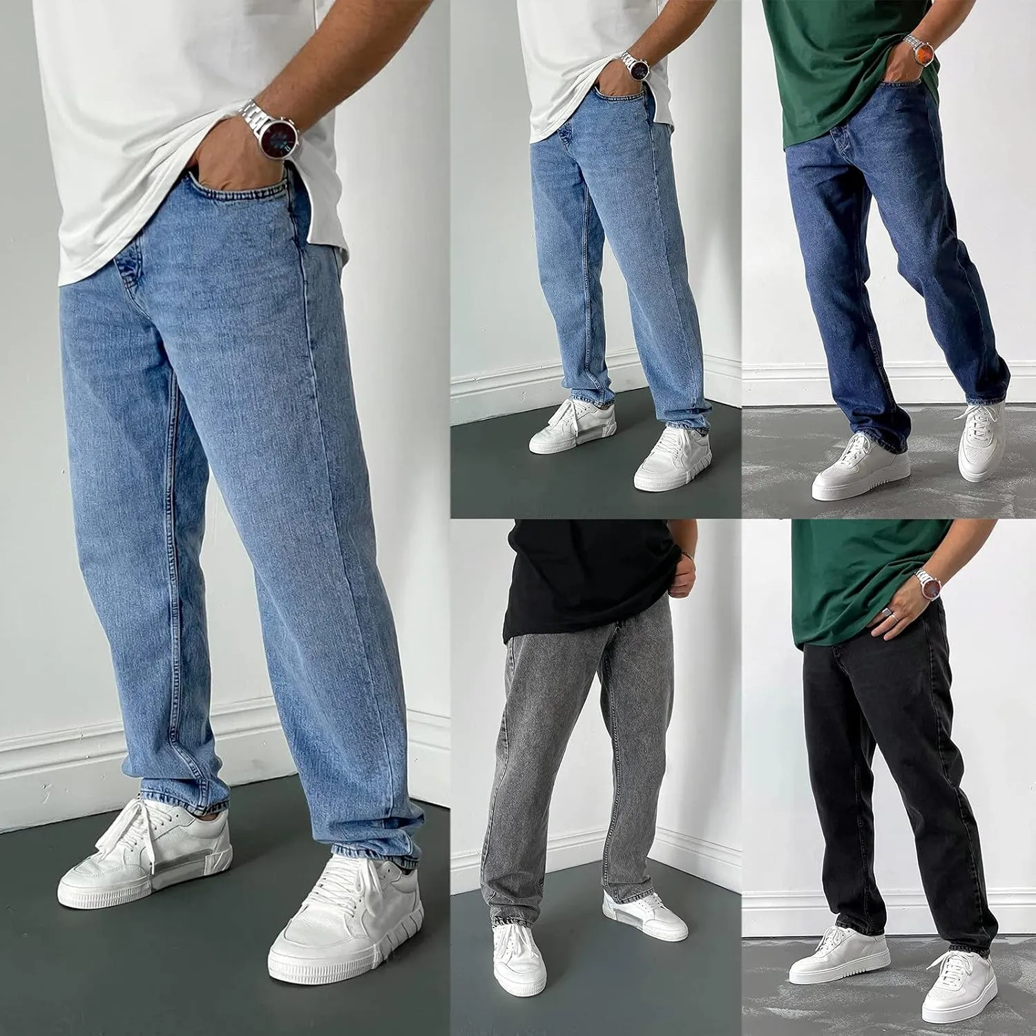 GOKKILRW Mens Relaxed Fit Straight Leg Jeans Fashion Baggy Comfort Plain Grunge Hip Hop Denim Pant Trendy Casual Denim Jogger