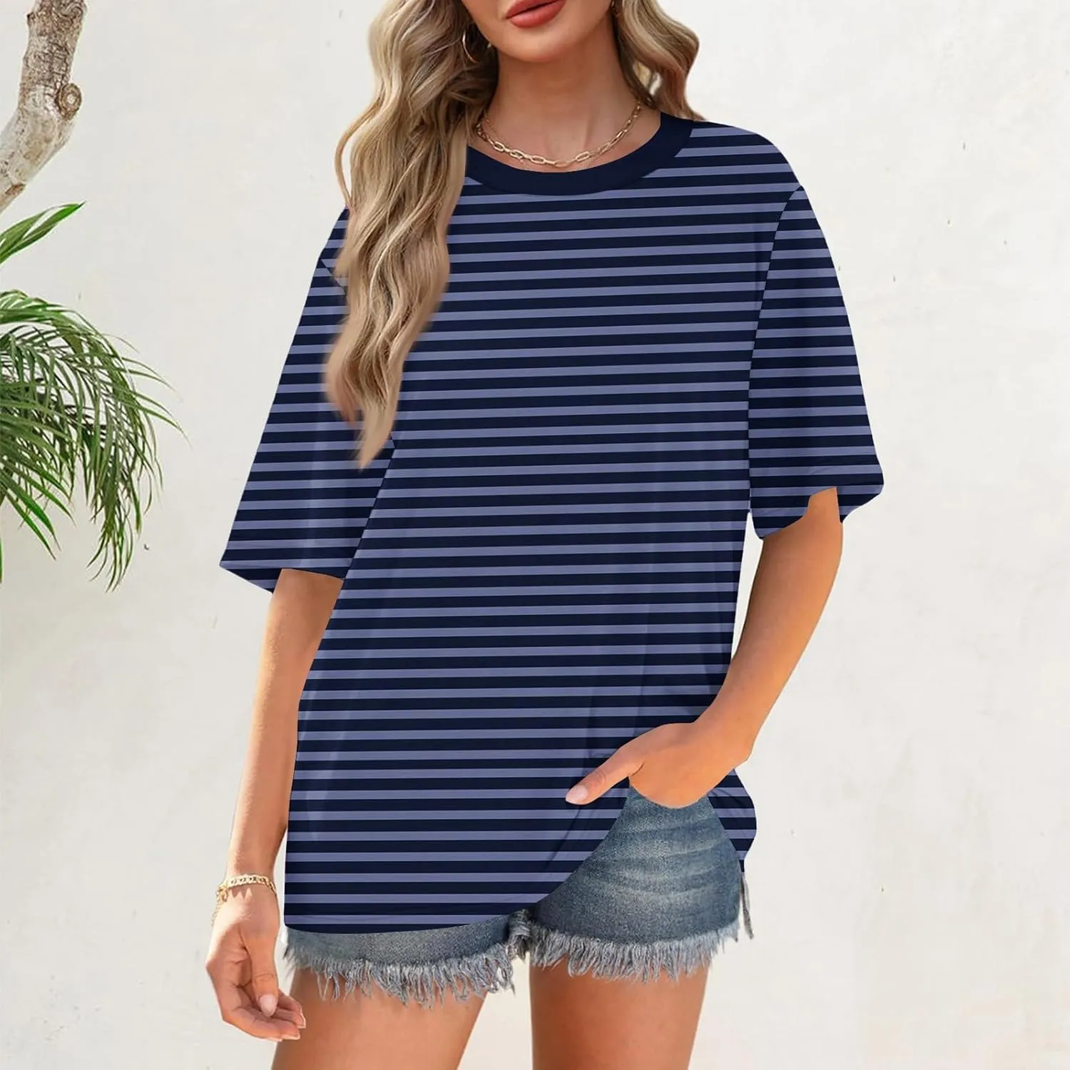 Half Sleeve Tops for Women Crew Neck Stripped Color Block Short Sleeve Shirts Casual Summer Elbow Length Tee Shirts