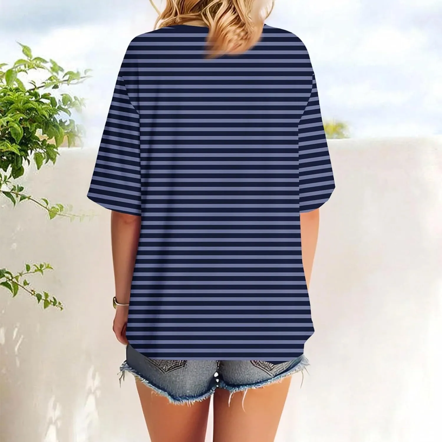 Half Sleeve Tops for Women Crew Neck Stripped Color Block Short Sleeve Shirts Casual Summer Elbow Length Tee Shirts