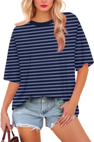 Half Sleeve Tops for Women Crew Neck Stripped Color Block Short Sleeve Shirts Casual Summer Elbow Length Tee Shirts
