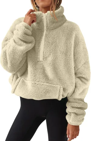 Half Zip Pullover Women Sherpa Fleece Jacket Long Sleeve Sweatshirt Fuzzy Sweater Teddy Bear Jacket Winter Clothes