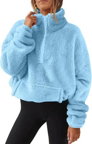 Half Zip Pullover Women Sherpa Fleece Jacket Long Sleeve Sweatshirt Fuzzy Sweater Teddy Bear Jacket Winter Clothes