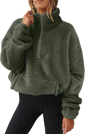 Half Zip Pullover Women Sherpa Fleece Jacket Long Sleeve Sweatshirt Fuzzy Sweater Teddy Bear Jacket Winter Clothes