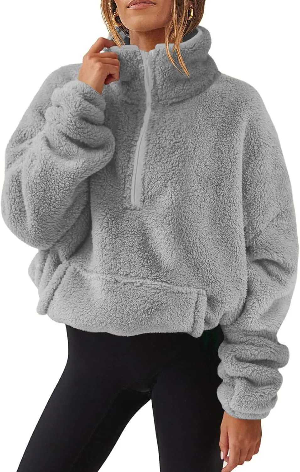 Half Zip Pullover Women Sherpa Fleece Jacket Long Sleeve Sweatshirt Fuzzy Sweater Teddy Bear Jacket Winter Clothes