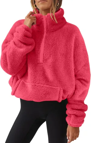 Half Zip Pullover Women Sherpa Fleece Jacket Long Sleeve Sweatshirt Fuzzy Sweater Teddy Bear Jacket Winter Clothes