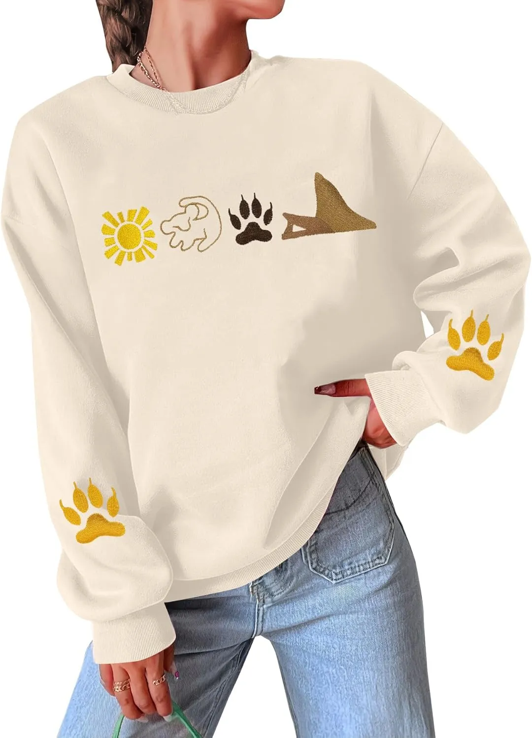 HEBBE Lion Sweatshirt For Women Lion Graphic Sweatshirts Embroidered Sweaters Casual Crewneck Pullover Tops
